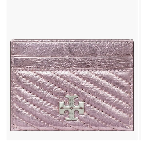 Tory Burch Leather Kira Moto Quilt Metallic Pave Logo Card Case Sparkle Pink - Picture 1 of 9